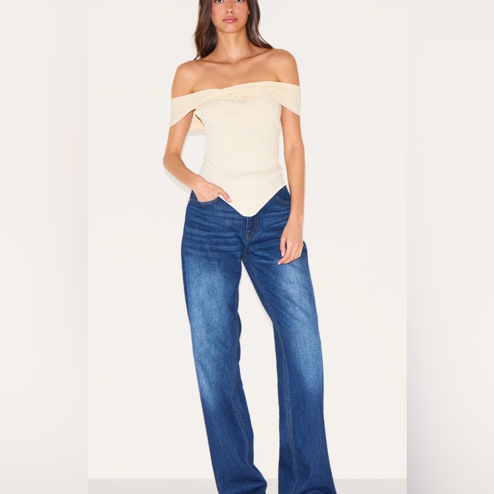 CREAM RIB KNIT TWIST BARDOT BUTTON THROUGH TOP